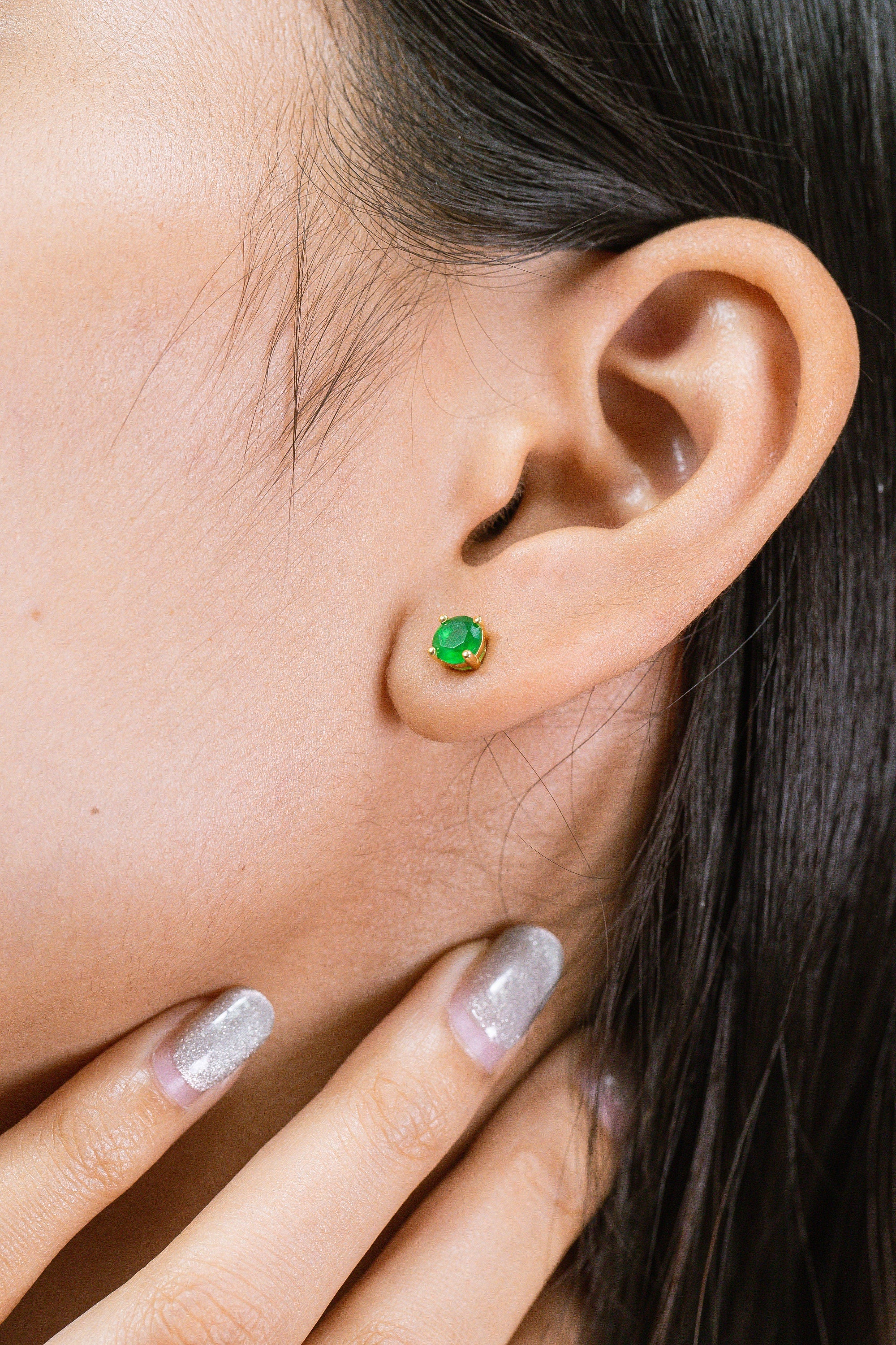 Four Prong Emerald Stud Earrings, May Birthstone Gifts, Starling Silver Emerald Solitaire Earring, Everyday Earrings